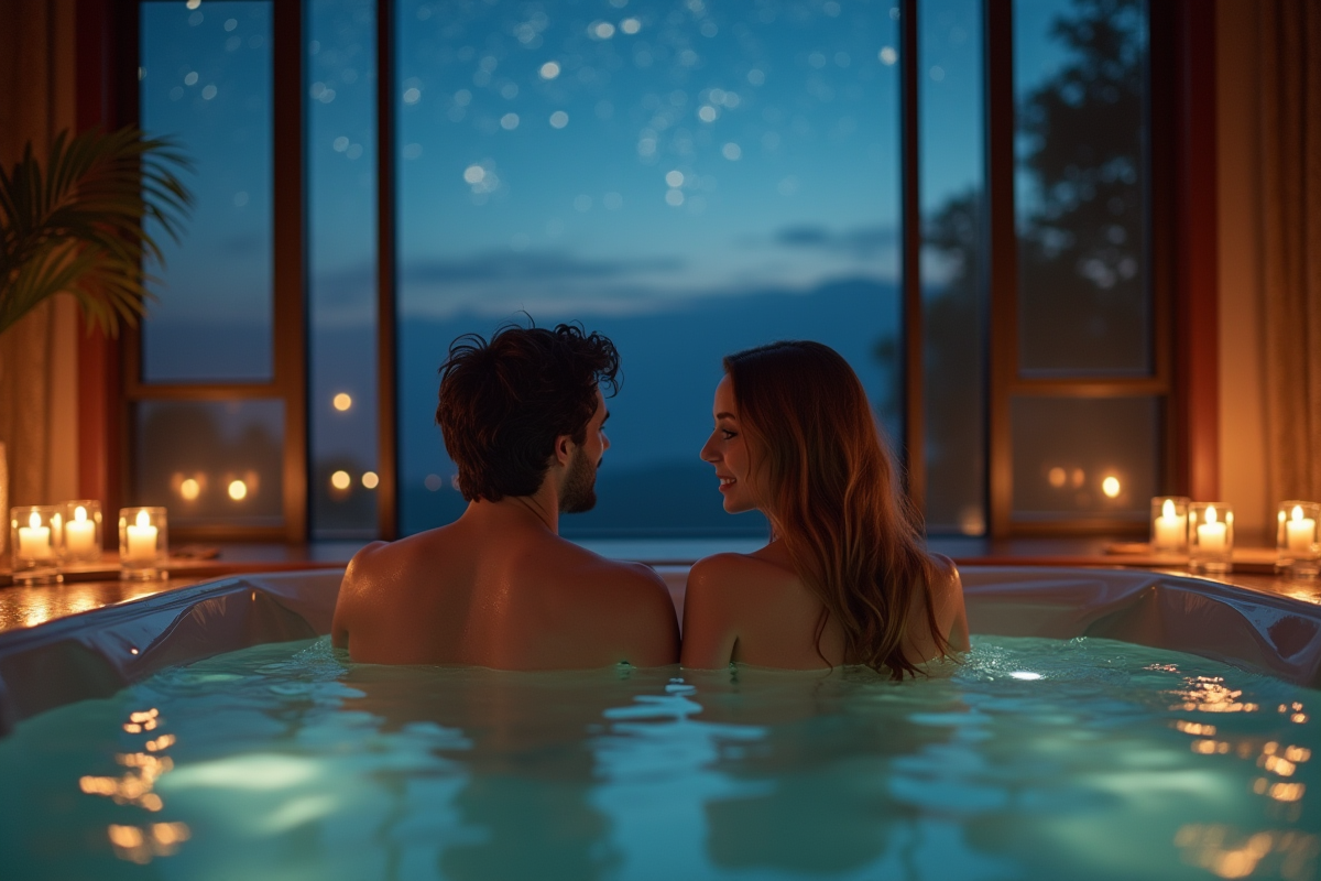 Couple en peignoir profitant d