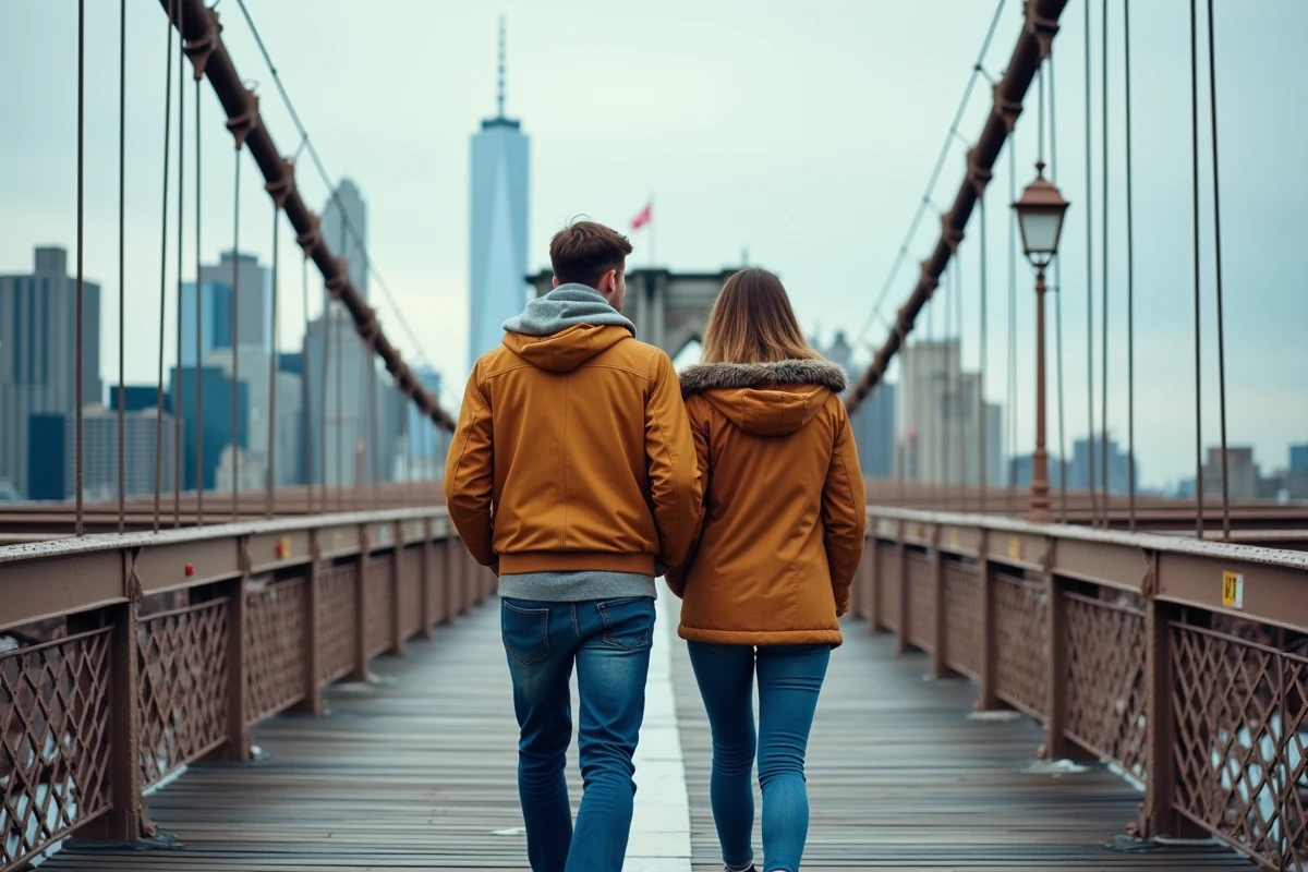 Couple de voyageurs traversant le Brooklyn Bridge avec le skyline de Manhattan en arrière-plan lors d'un city trip