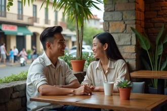 Jeune couple philippin souriant au café à Intramuros