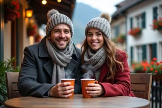 Jeune couple souriant au café dans les Alpes bavaroises