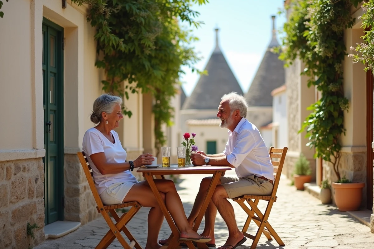 Couple assis au café dans le village trulli d