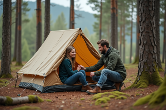Jeune couple en camping dans une forêt de pins