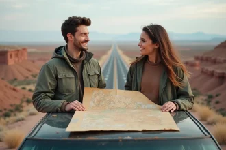 Jeune couple souriant avec carte devant voiture en paysage désertique
