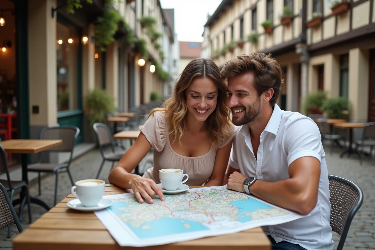 Couple planifiant leur itinéraire sur une carte routière de Normandie en terrasse de bistrot