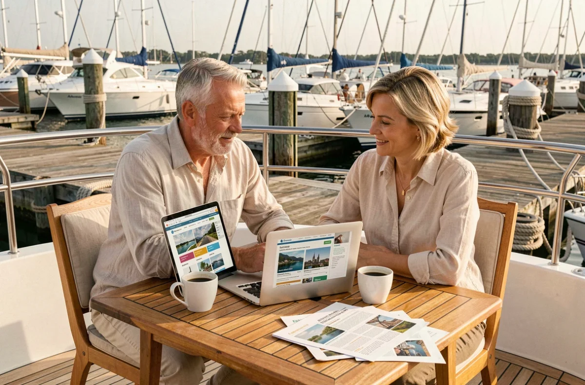 Couple comparant des compagnies de croisière naturiste sur un ordinateur portable dans une marina