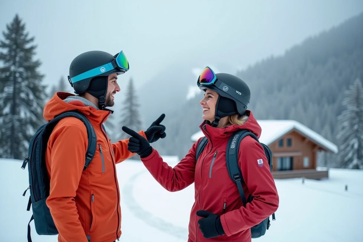 Couple de débutants en tenue de ski sur les pistes d'une station proche de Paris lors d'un premier week-end à la montagne