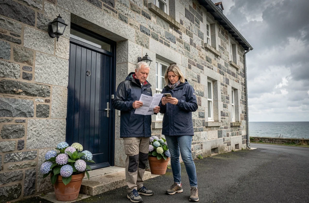 Couple devant un hôtel en pierre bretonne au bord de la mer vérifiant leur réservation