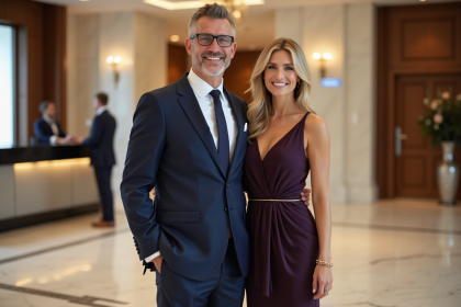 Couple élégant dans un lobby d'hôtel 5 étoiles