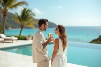 Couple en lune de miel sur la terrasse d'un hôtel 5 étoiles avec piscine à débordement et vue sur l'océan