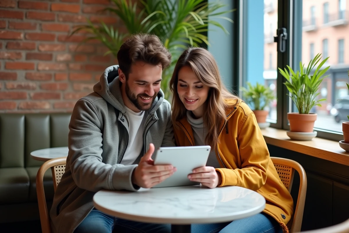 Couple planifiant un voyage en comparant des vols sur Google Flights dans un café