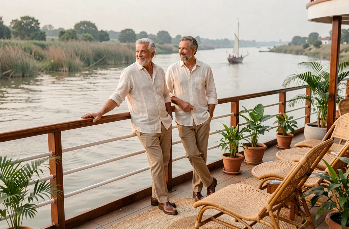 Couple sur le pont d'un bateau de croisière observant les rives du Nil en Égypte