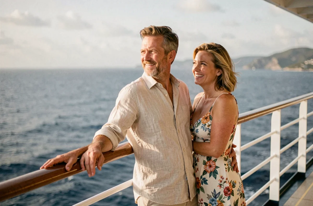 Couple élégant sur le pont d'observation d'un paquebot de croisière avec vue panoramique sur l'océan
