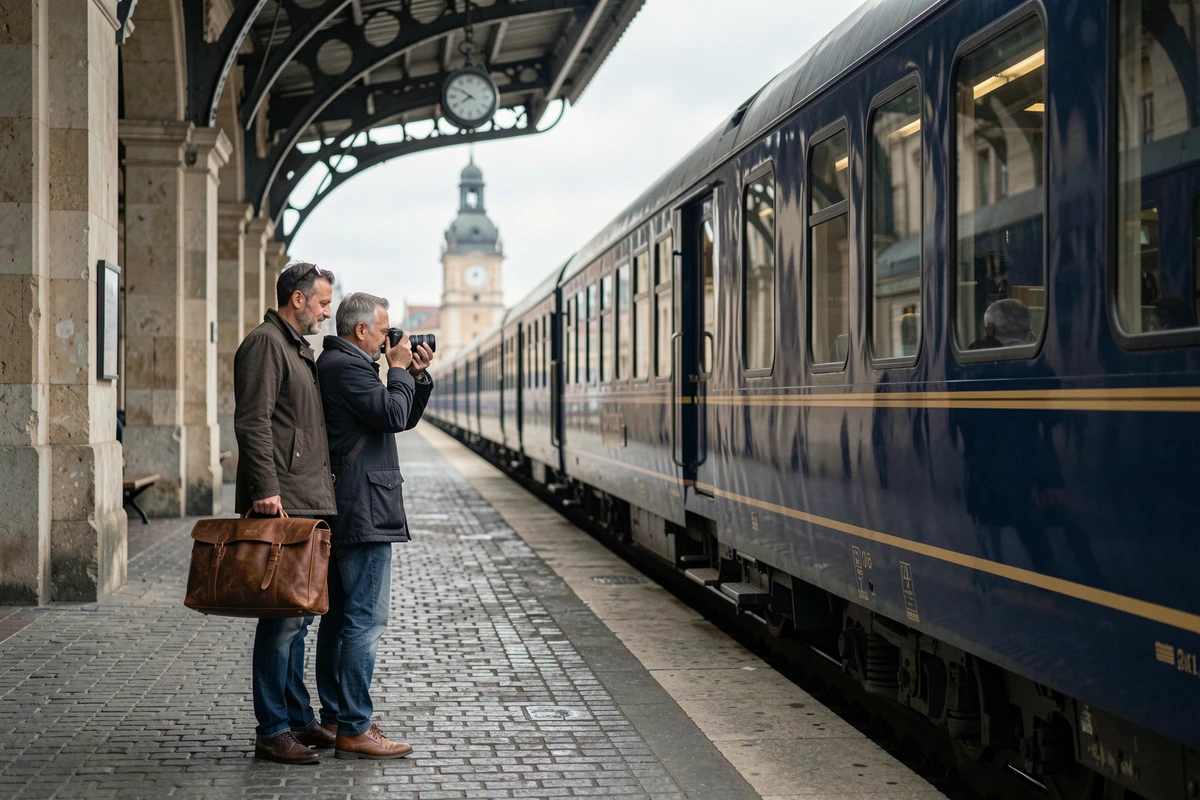 Couple sur un quai de gare européenne devant un wagon de l'Orient Express avec bagages en cuir vintage
