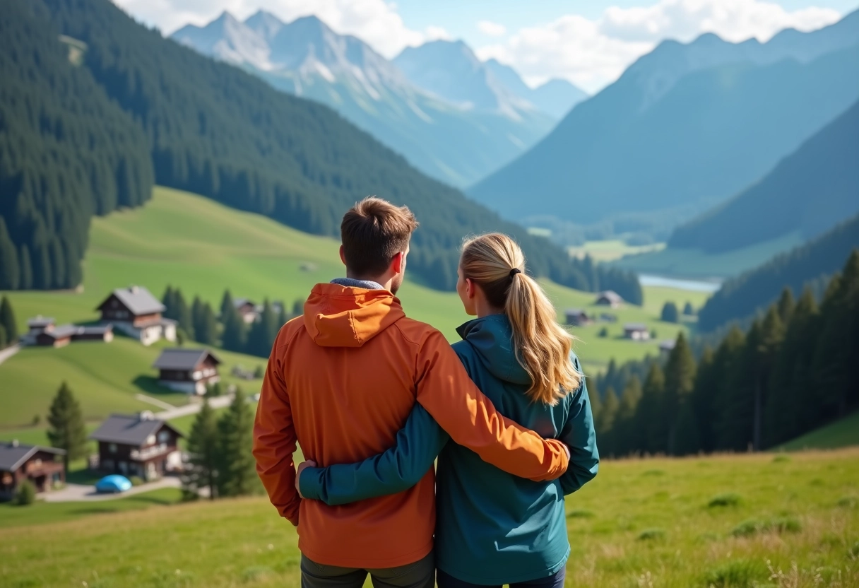 Couple en randonnée avec vue sur la vallée alpine