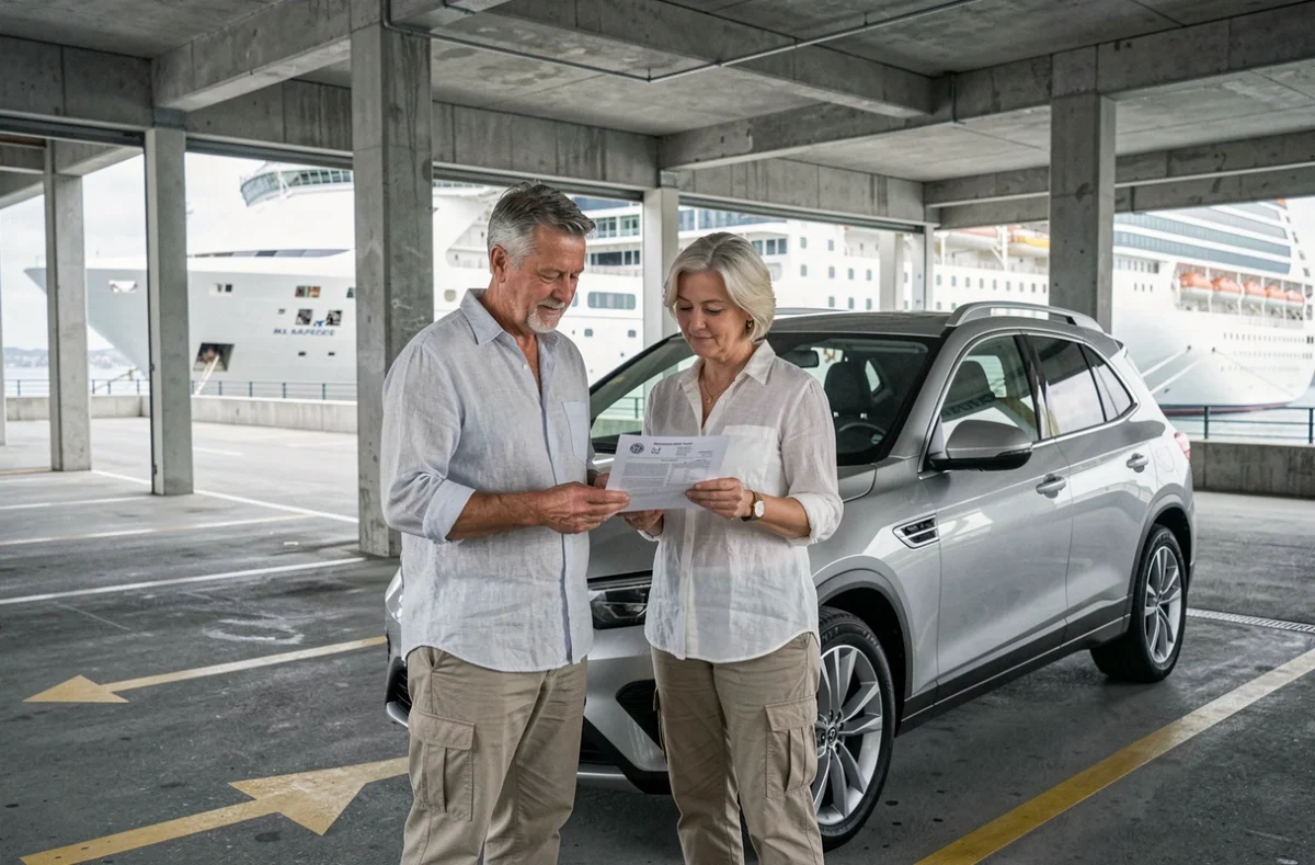 Couple vérifiant leur réservation de parking dans le parking couvert du terminal croisière de Marseille