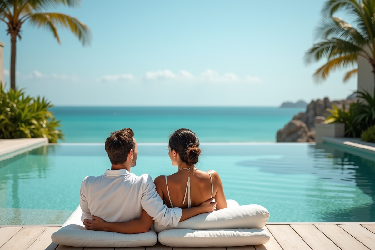 Couple élégant se relaxant au bord d'une piscine à l'hôtel de luxe