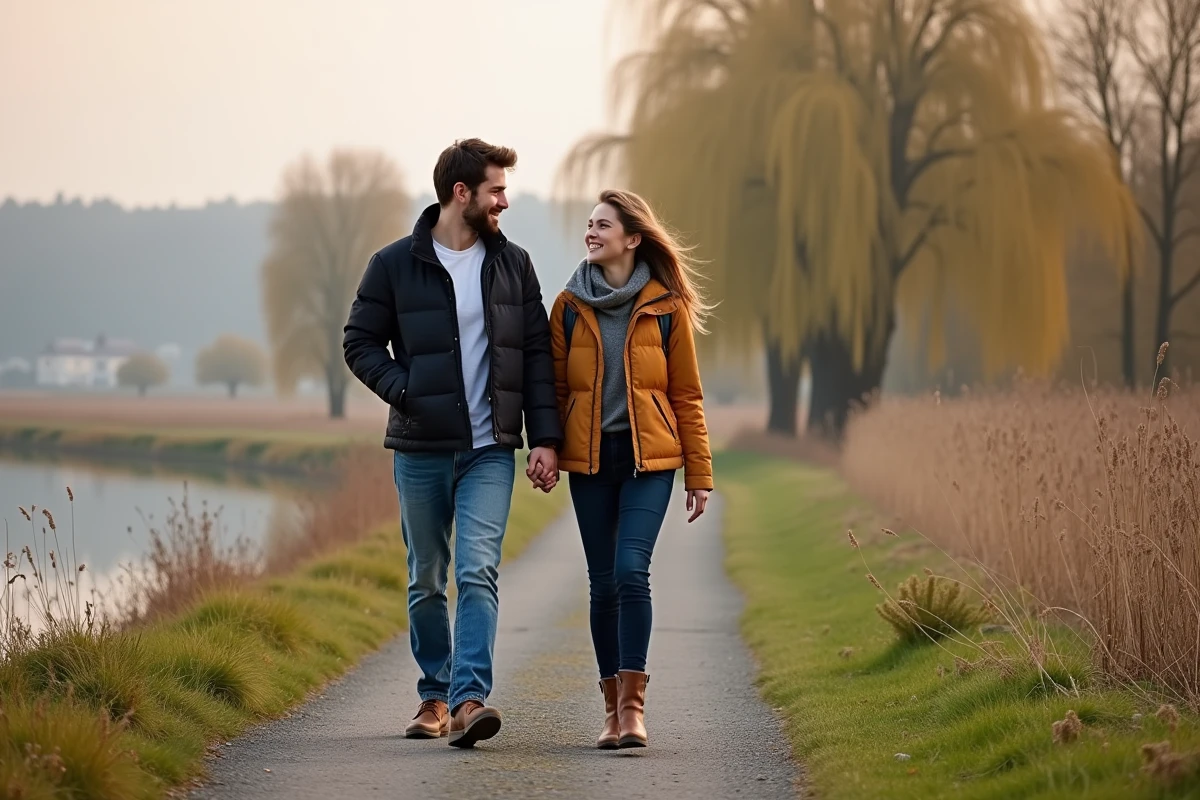 Jeune couple marche au bord de l'eau à Pointe du Salaison