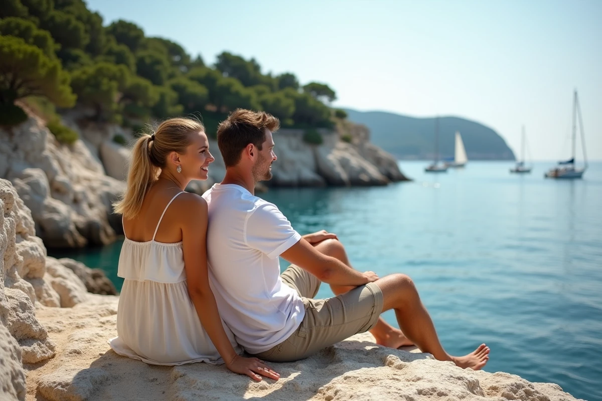 Jeune couple assis sur les rochers face à la mer à Lokrum