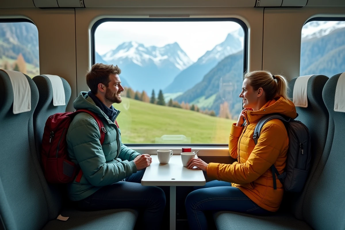 Couple de voyageurs assis dans un train panoramique admirant un paysage alpin enneigé par la fenêtre