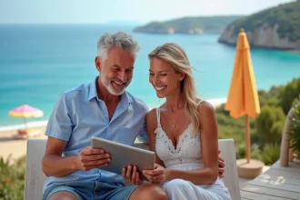 Couple souriant sur la terrasse face à la mer