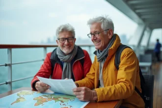 Couple souriant sur un bateau de croisière regardant une carte du monde