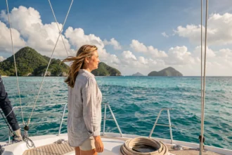 Femme debout à la proue d'un catamaran naviguant vers les îles des Grenadines sous un ciel bleu tropical