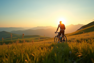 Cycliste au lever du soleil sur le Plateau de Beille avec vue sur les prés verts