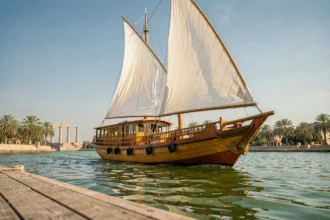 Dahabeya traditionnelle à voiles naviguant sur le Nil avec des palmiers en arrière-plan