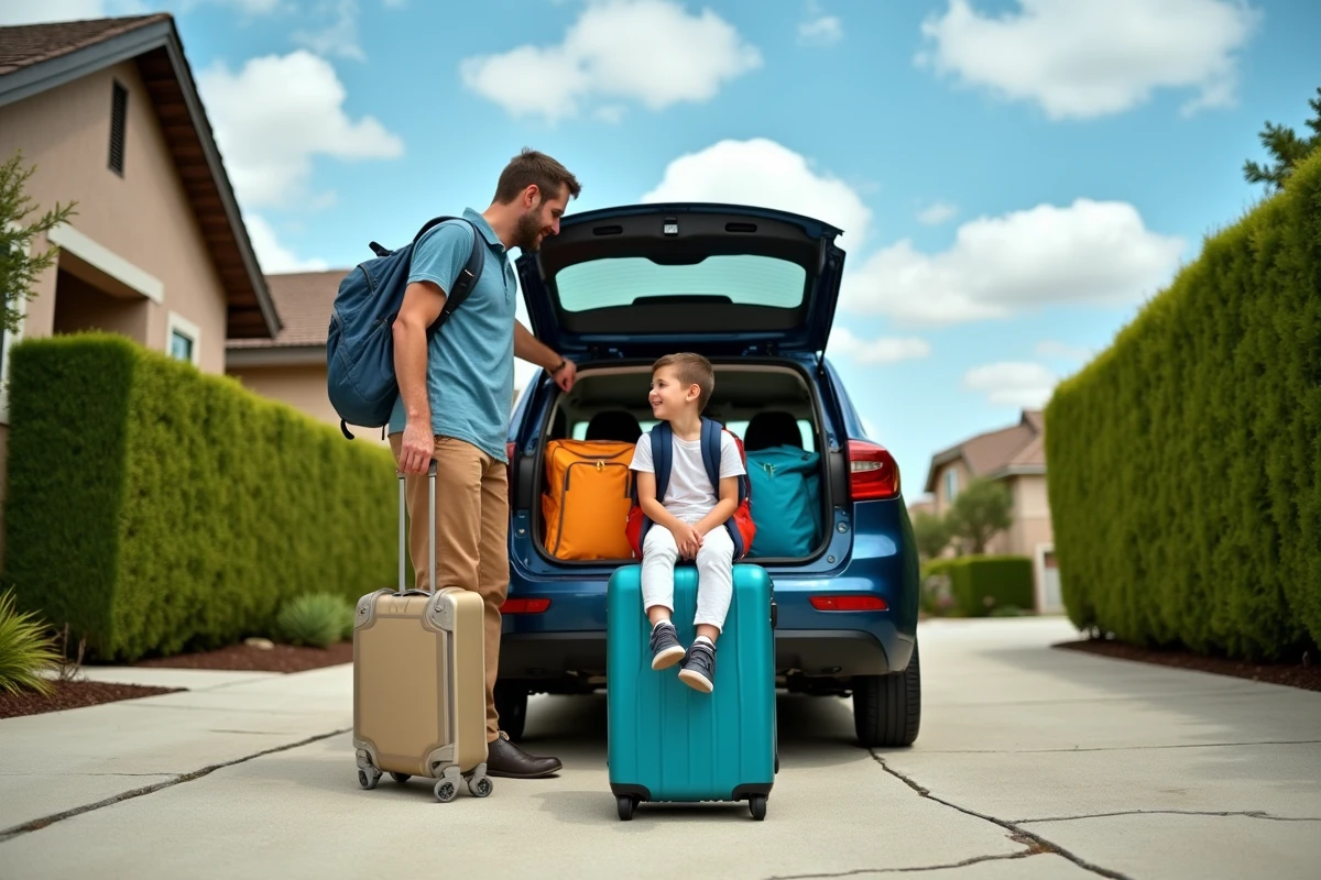 Père et fils chargeant une voiture familiale pour des vacances économiques organisées avec soin
