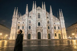 Façade du Dôme de Milan la nuit avec un voyageur contemplant les flèches gothiques illuminées sur la Piazza del Duomo