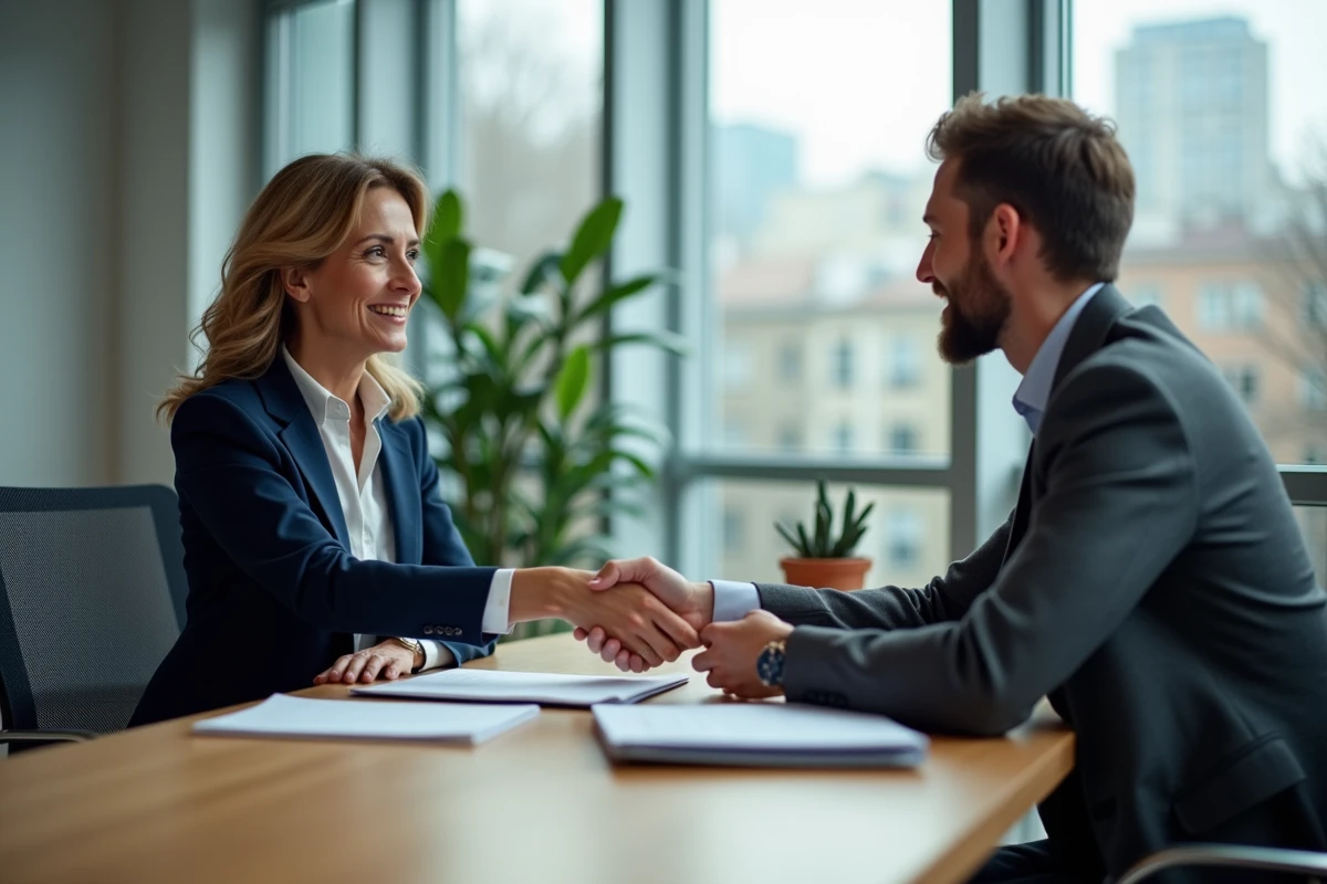 Professionnels en réunion échangeant des dossiers dans un bureau moderne