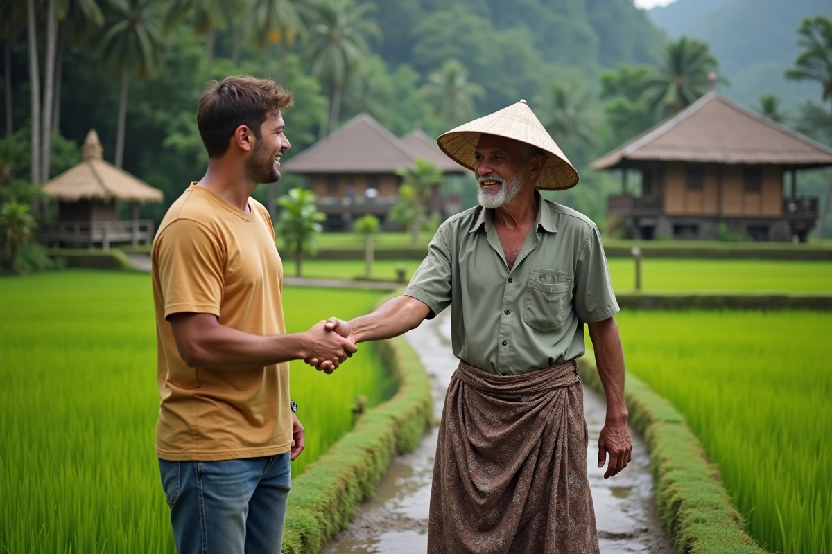 Echange amical entre fermier balinais et voyageur