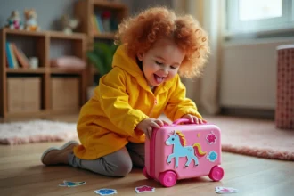 Petite fille appliquant des autocollants colorés sur une valise rose dans sa chambre