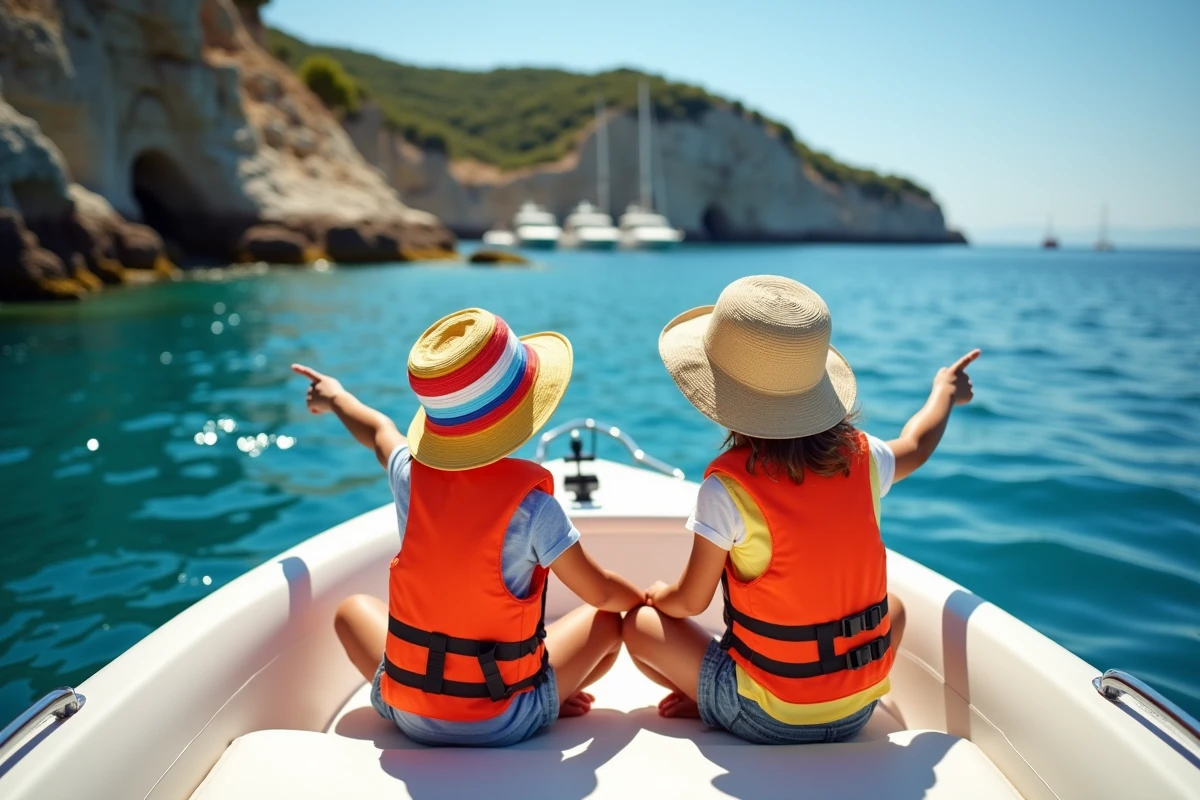 Enfants pointant vers une crique rocheuse en bateau
