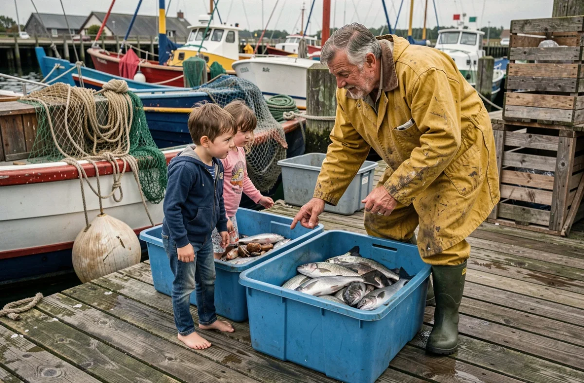 Enfants découvrant la criée et les pêcheurs au port de la Cotinière sur l'île d'Oléron