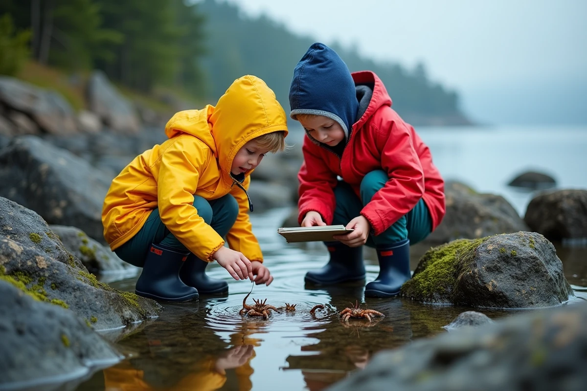 Enfants explorant des mares rocheuses sur le littoral norvégien près de Bergen