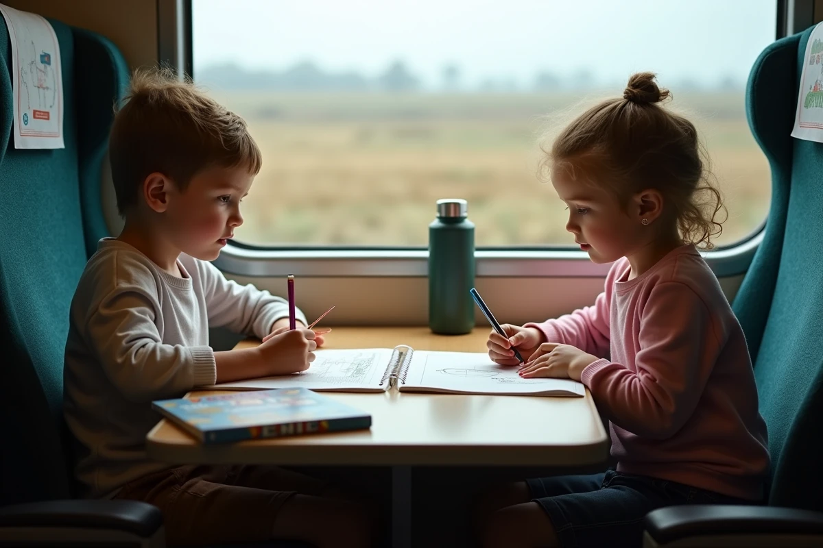 Deux enfants occupés à dessiner et manger à une tablette de train pendant un trajet en famille vers Venise