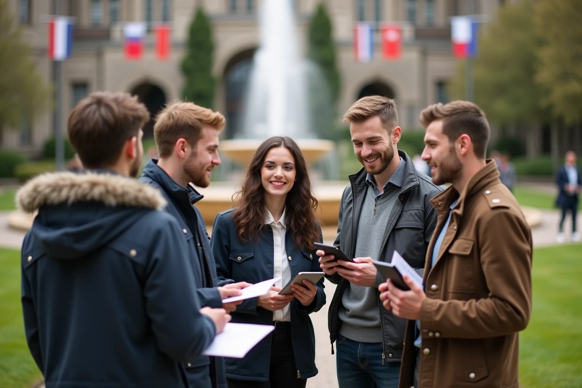 Jeunes étudiants discutant en extérieur près d une fontaine