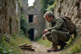 Explorateur équipé examinant les ruines d'un village fantôme abandonné en France avec sac à dos et matériel d'exploration