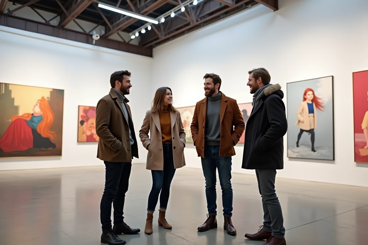 Groupe de visiteurs explorant une exposition d'art contemporain à Strasbourg pour le Nouvel An