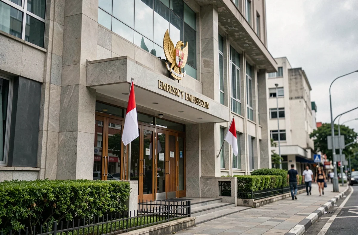 Façade extérieure de l'ambassade d'Indonésie avec le symbole Garuda Pancasila