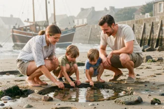 Famille explorant les bassins naturels à marée basse sur la plage de la Cotinière à Oléron