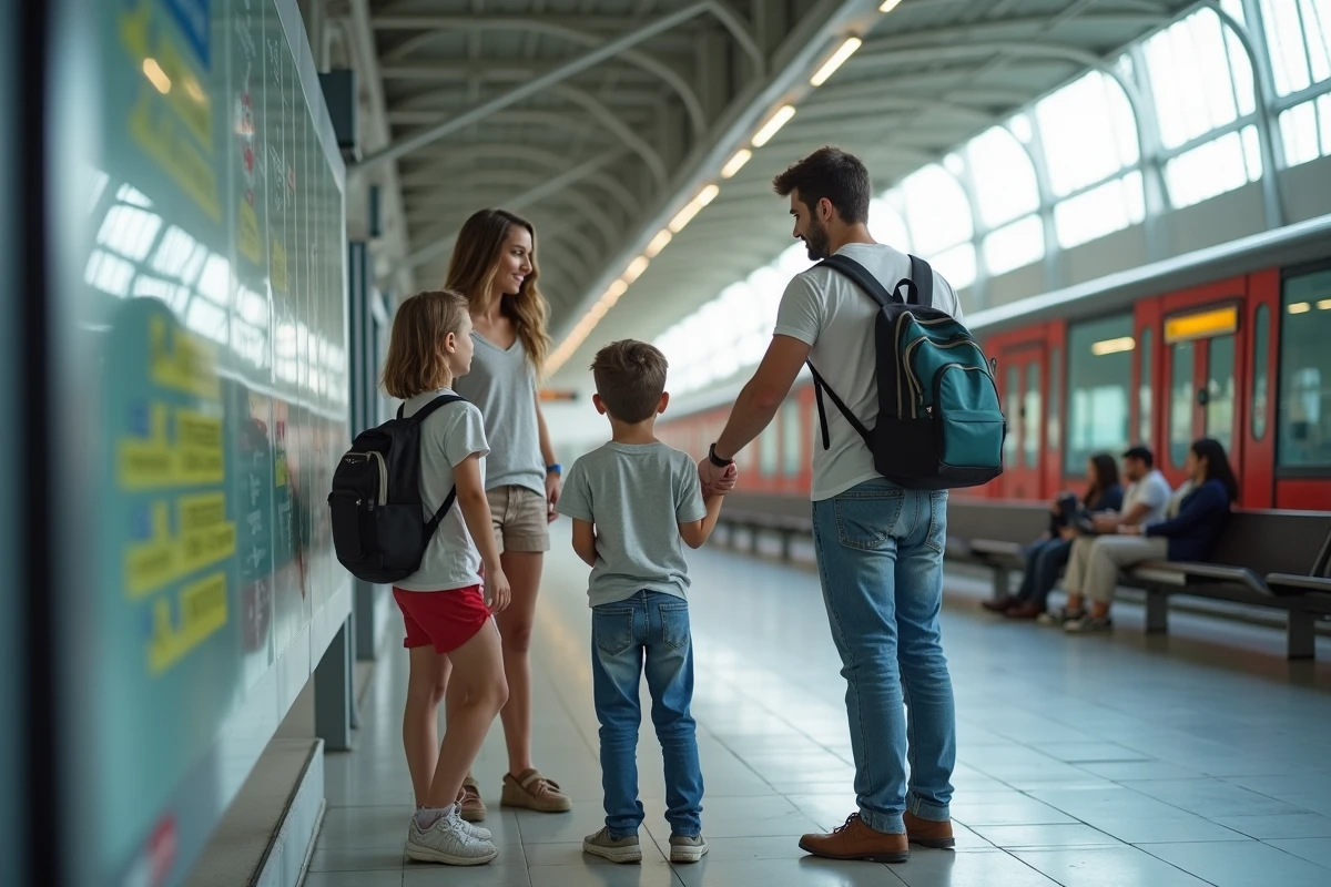 Famille de quatre regardant un tableau d'information de train