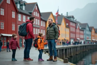 Famille avec enfants devant les maisons en bois colorées de Bryggen à Bergen en Norvège