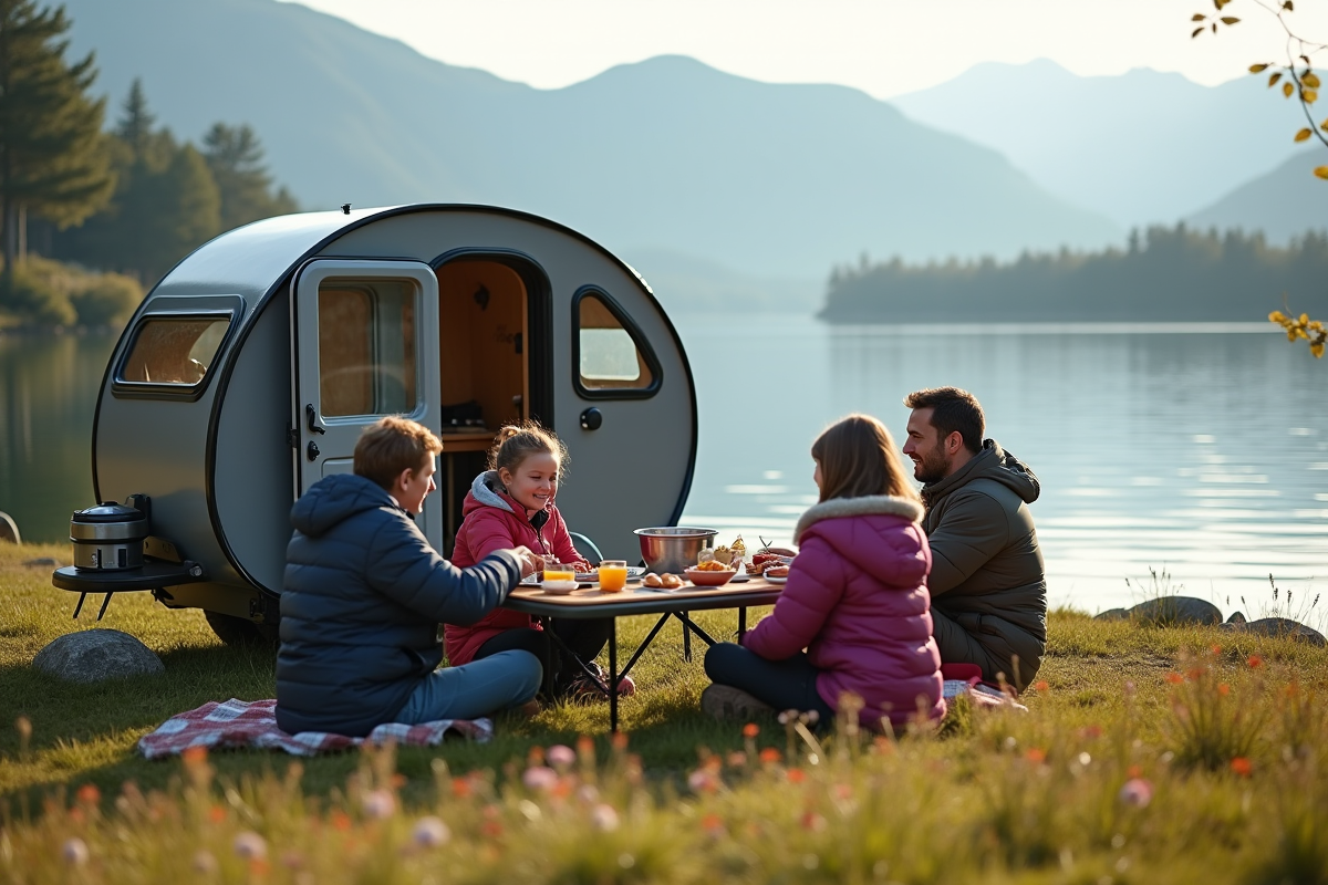 Famille de quatre autour d’un camping au bord du lac