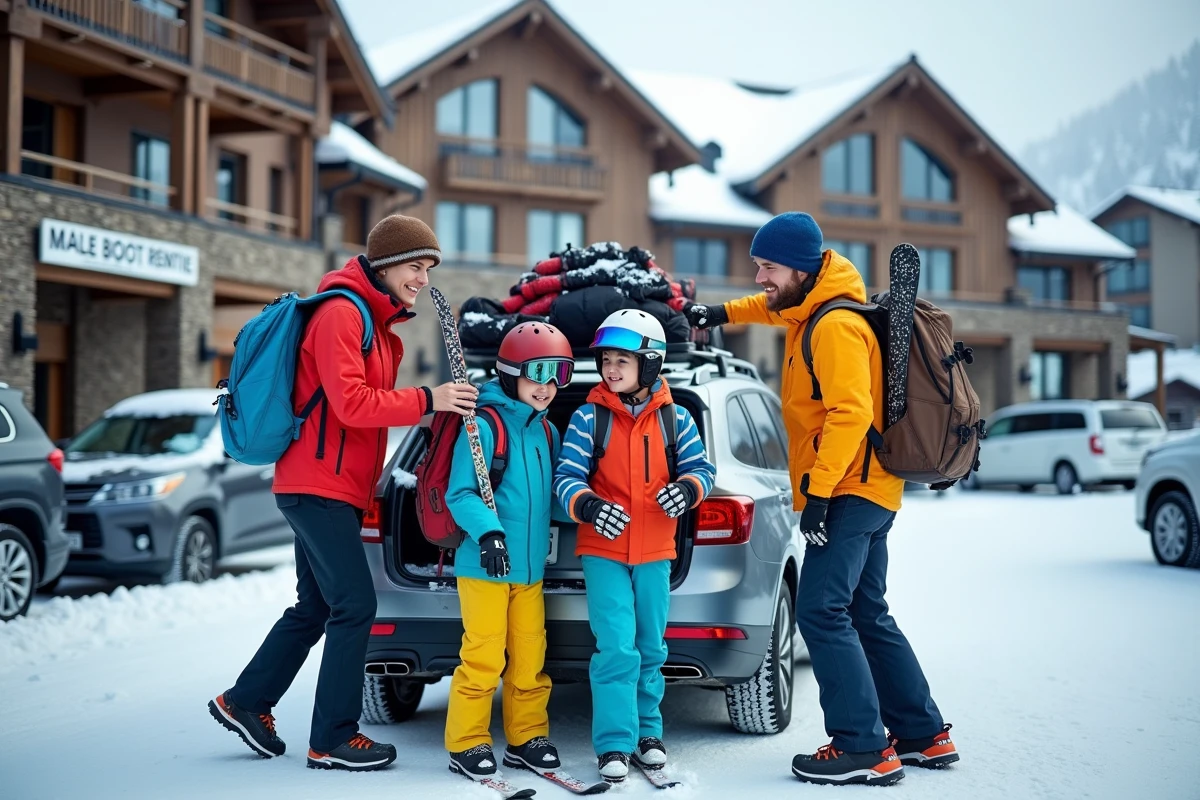 Famille préparant ses skis dans le parking d'une station de montagne lors d'un week-end au départ de Paris