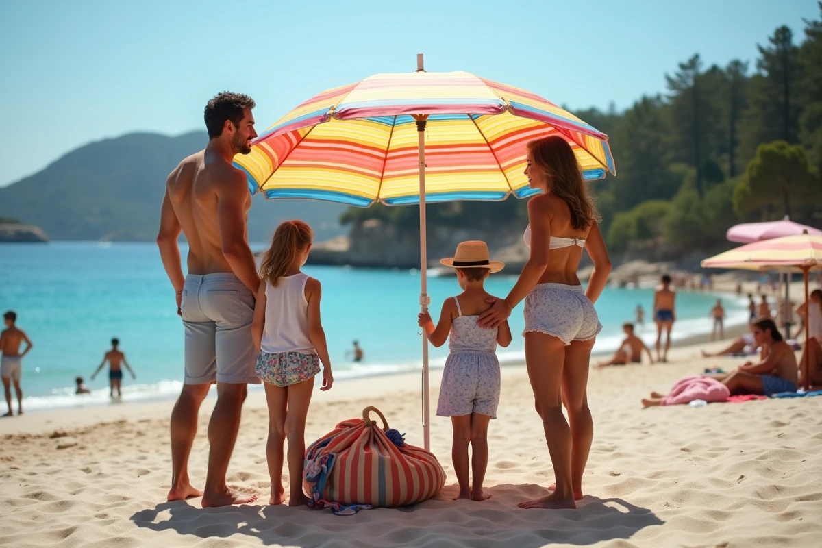 Famille installant un parasol coloré sur une grande plage animée de Corse