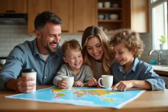 Famille réunie autour d'une table en bois pour planifier des vacances économiques avec une carte de voyage colorée