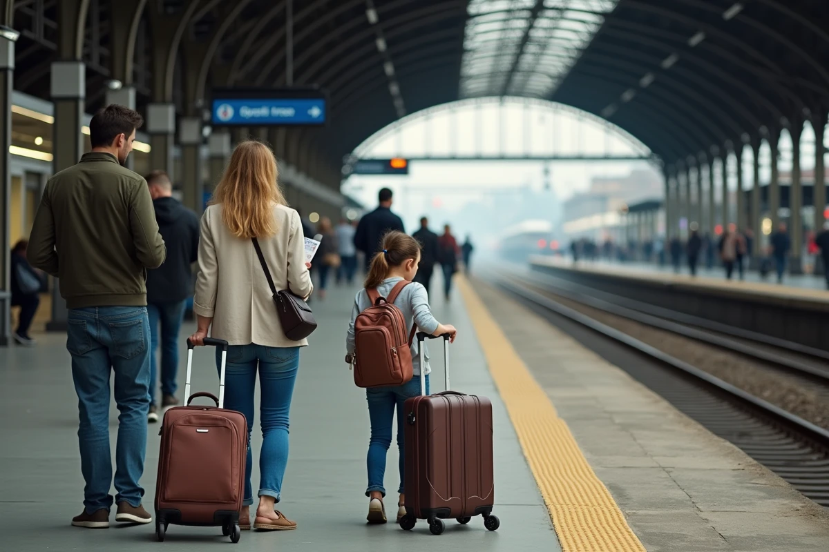 Famille avec bagages sur un quai de gare italienne en partance pour Venise, sous une verrière en acier et verre
