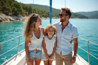 Famille souriante sur voilier à Porquerolles